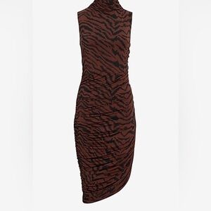 Express women’s body contour printed rouched asymmetrical mini dress.